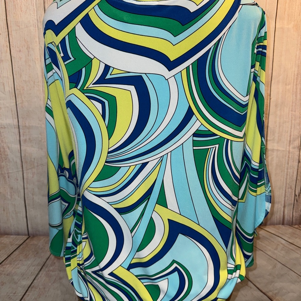 Chico's Multicolor Swirl Print Long Sleeve Blouse - cold shoulder bell sleeve XL - Picture 5 of 9